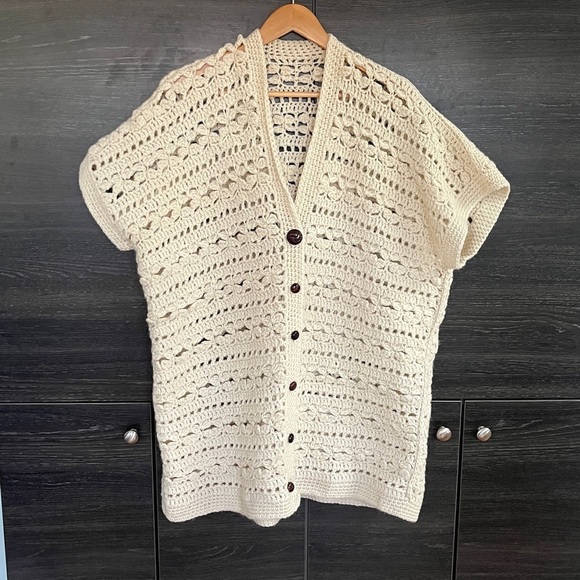 handmade Sweaters - Handmade Oversized Crocheted Wool Cream Vest with Vintage Buttons XL-XXL
